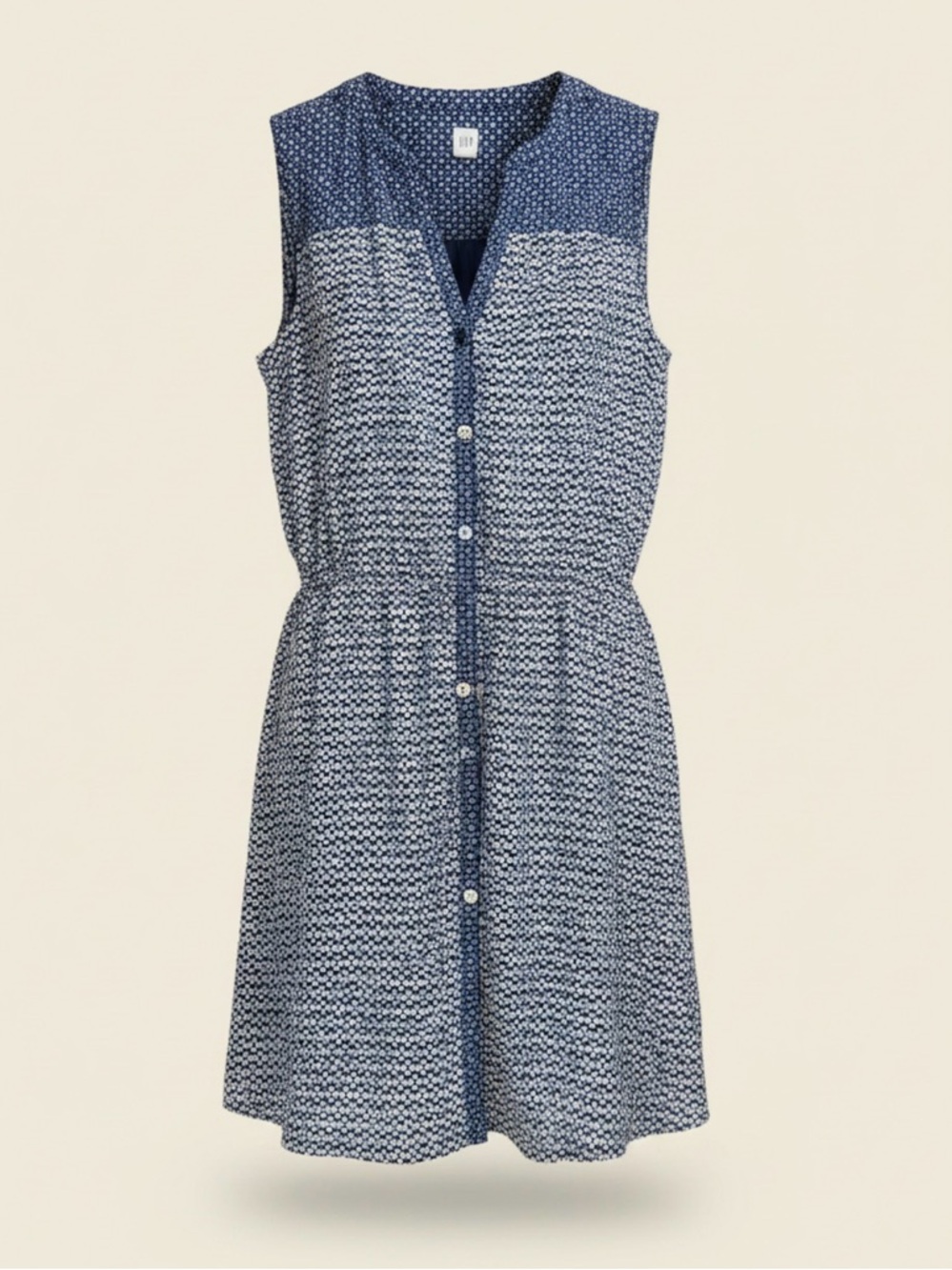 GAP Navy & White Floral Sleeveless Dress | Button Front | Tie Waist | Pockets